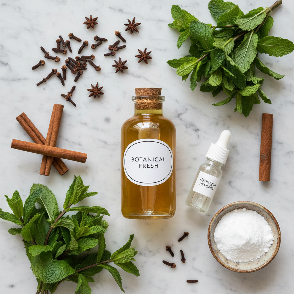 Natural herbal mouthwash ingredients including cloves, cinnamon, and mint