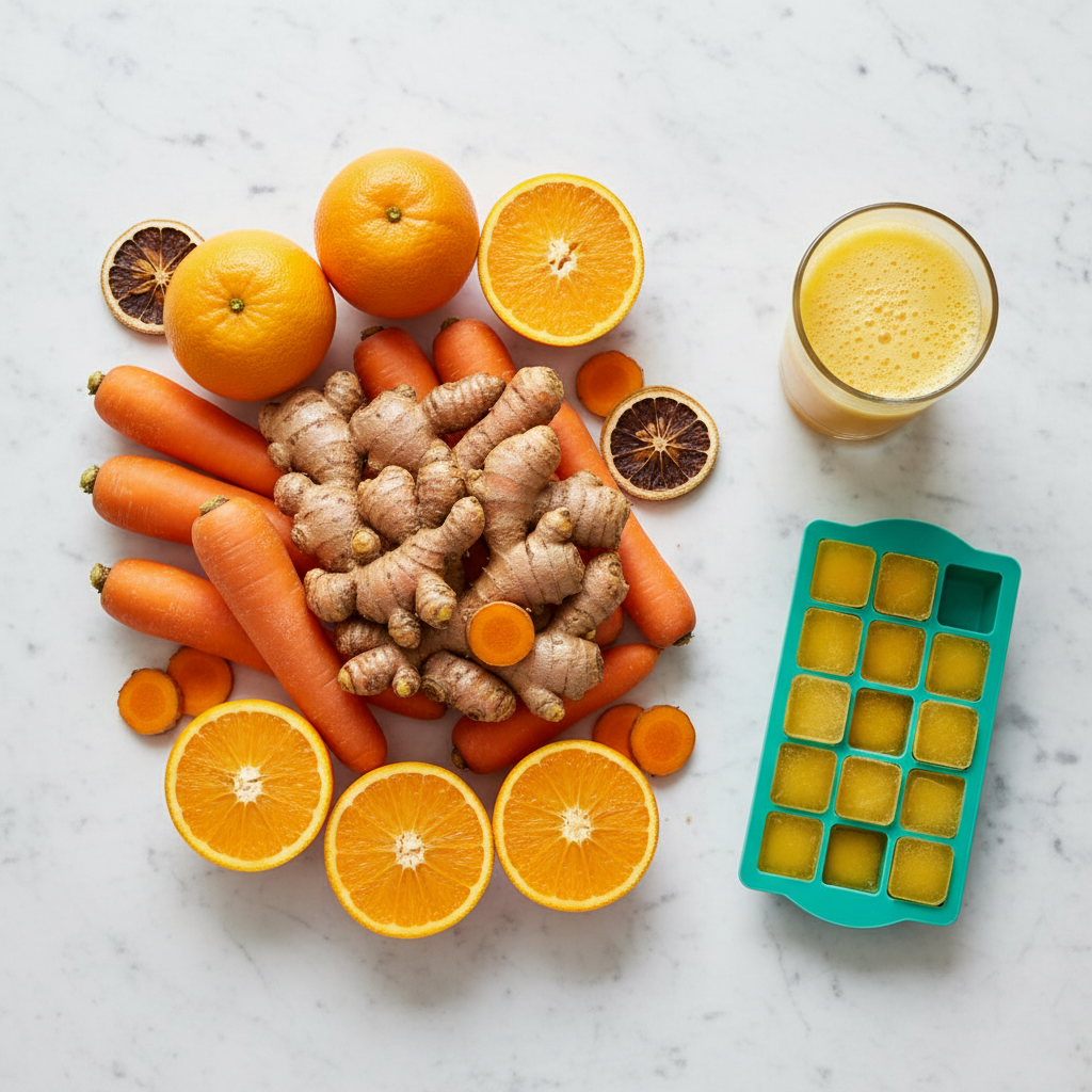 Golden Wellness Shot ingredients and frozen cubes