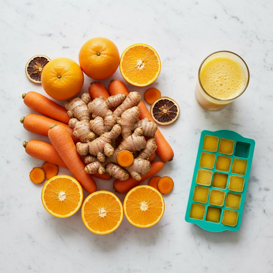 Golden Wellness Shot ingredients and frozen cubes